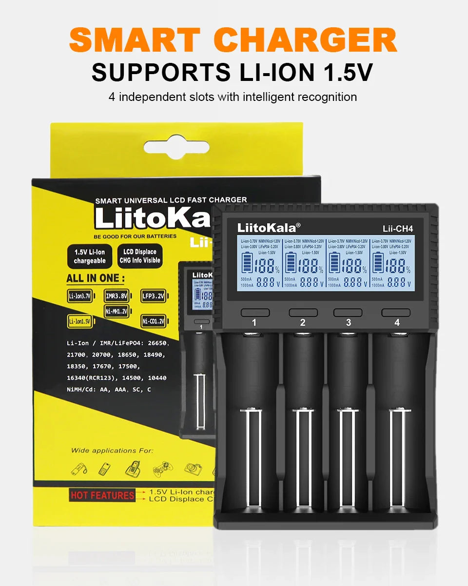 LiitoKala Lii-S8 Lii-S12 CH4 Multi-Function Battery Charger – 18650, 26650, 21700, 26700, AA, AAA Li-ion, NiMH, LiFePO4 Compatible
