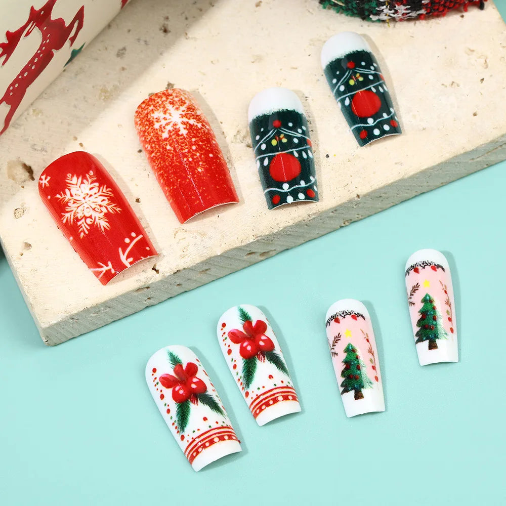 Medium Long Christmas Fake Nails – Square & Almond Tips with Tree, Snowflake & Snowman Designs