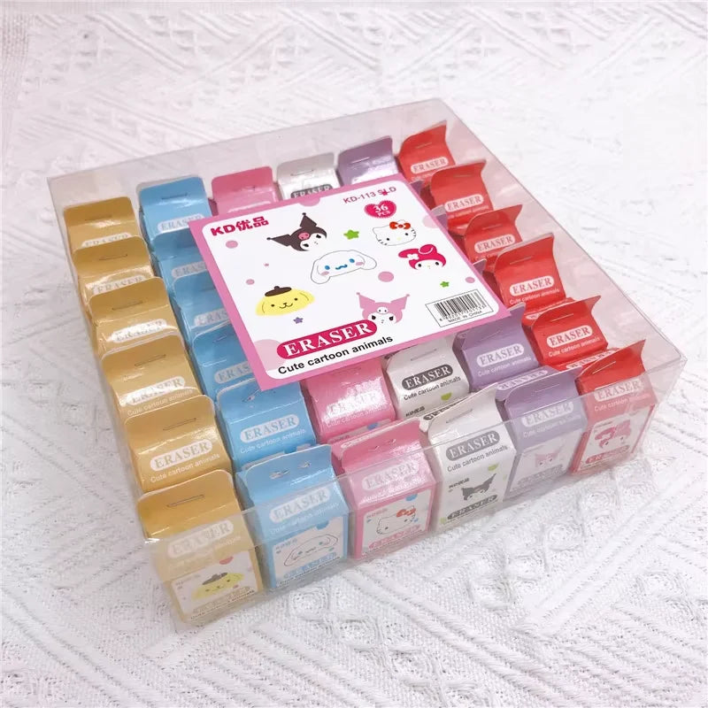 36Pcs Sanrio Anime Eraser Set – Hello Kitty, Kuromi, Cinnamoroll & Melody Cute Pencil Erasers for School Stationery Supplies