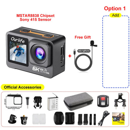 6K 4K60FPS Action Camera – 50MP Dual Screen, 2.0" Touch LCD, EIS, WiFi, 170° Lens, 30M Waterproof, 5X Zoom with Remote