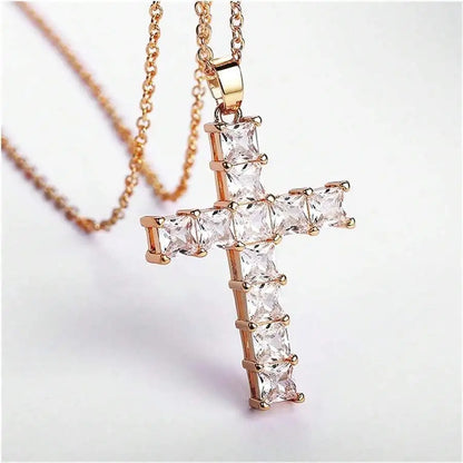 Fashion Gold Necklace for Women – Multi-Color Crystal Jesus Cross Pendant, Party & Leisure Jewelry