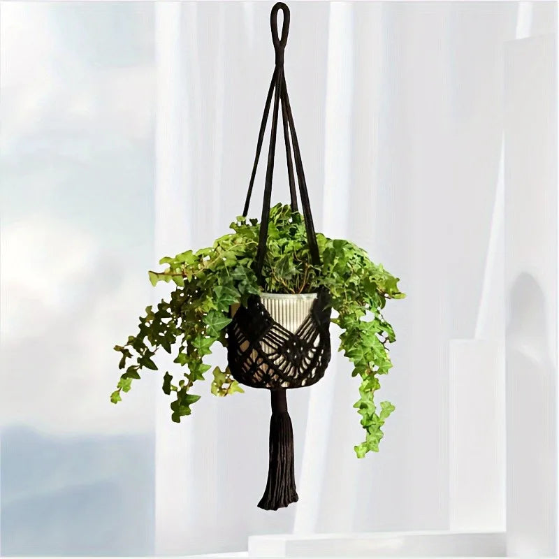 Boho Macrame Plant Hanger – Cotton Rope Woven Basket with Net Pouch for Indoor & Outdoor Hanging Succulents