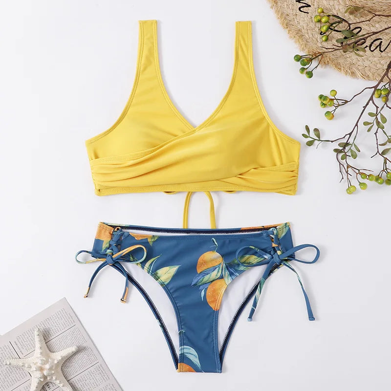 Vintage Printed Bikini Set – Women’s Cross Pleated Backless Lace-Up Push-Up Two-Piece Swimwear 2025 Beach Bathing Suit