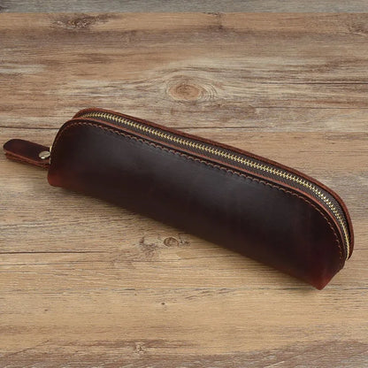 Vintage Leather Pencil Bag – Simple Zipper Pen Case & Stationery Holder Pouch for School Supplies, Glasses & Storage