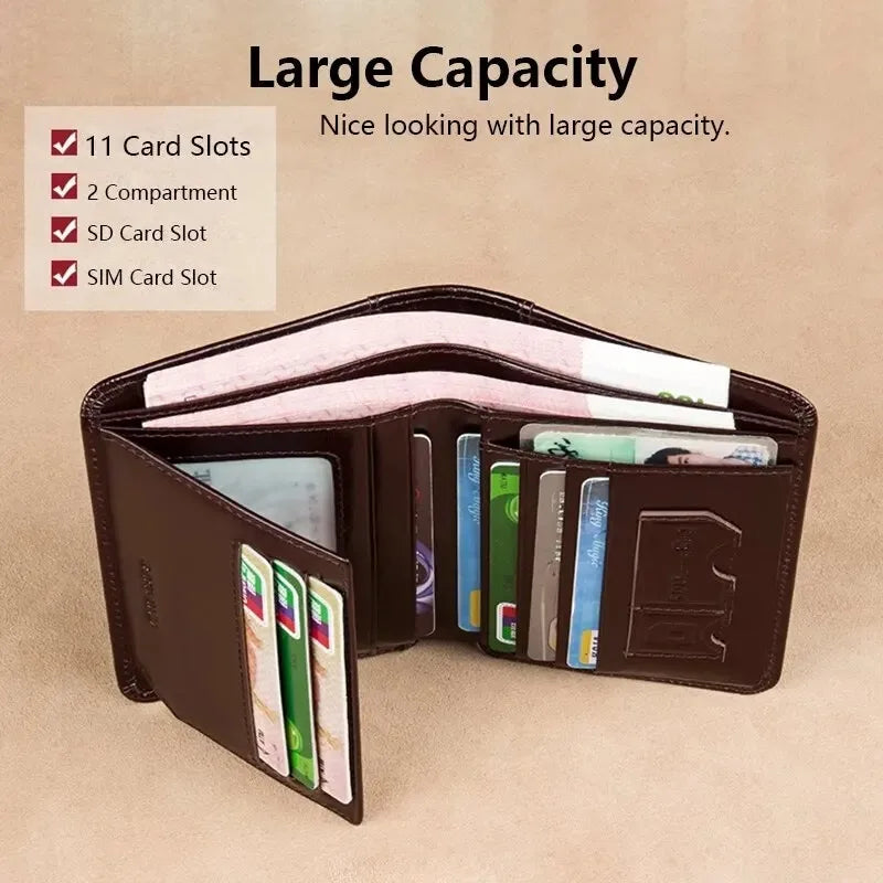 Men’s Genuine Leather RFID Blocking Trifold Wallet – Short Business Wallet with ID Window & Credit Card Holder Slim Men’s Purse