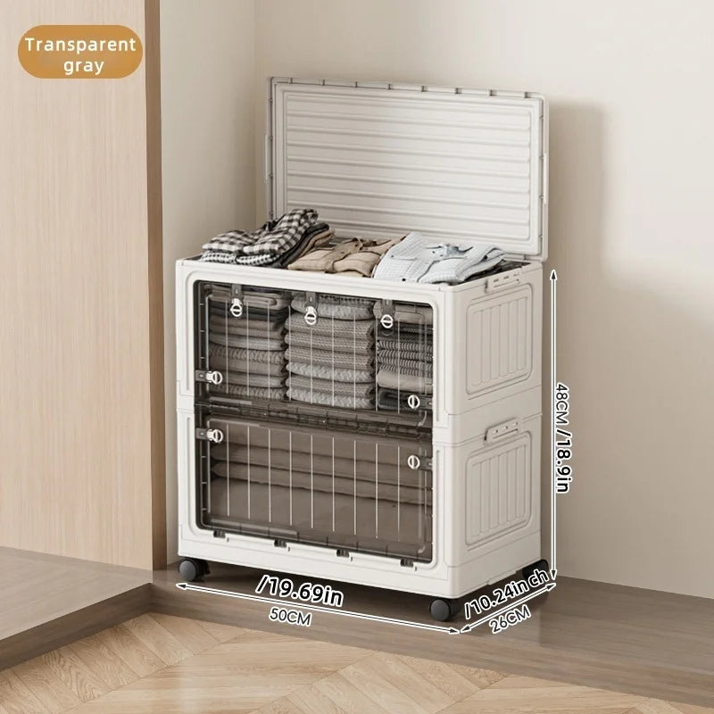 Large Capacity Foldable Storage Bin - Transparent Mobile Organizer with Wheels for Clothes & Toys