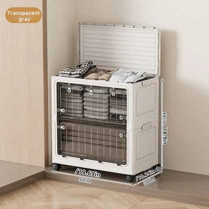 Large Capacity Foldable Storage Bin - Transparent Mobile Organizer with Wheels for Clothes & Toys