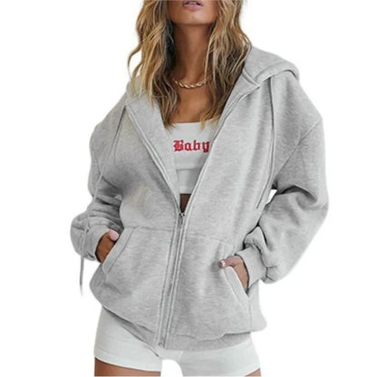 Women’s Gray Zip-Up Hoodie Sweatshirt – Autumn Winter Long Sleeve Jacket with Pockets