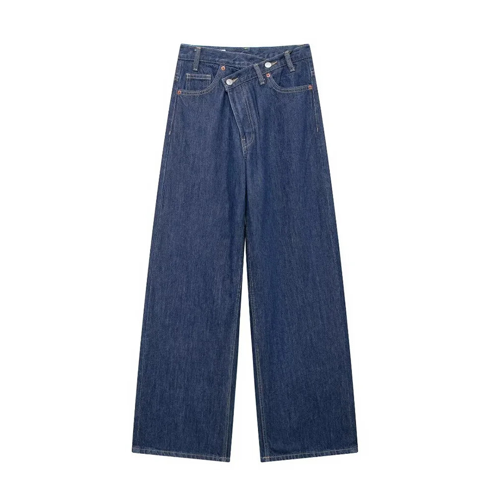 TRAF Women’s Basic Hundred Jeans — High Waist Asymmetric Wide-Leg Trousers, Casual Straight-Leg Fashion Jeans