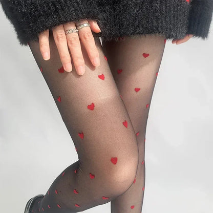 Red Heart Print Silk Stockings — Sexy Nylon Tights for Women, Girls’ Christmas Gift & Nightclub Hosiery