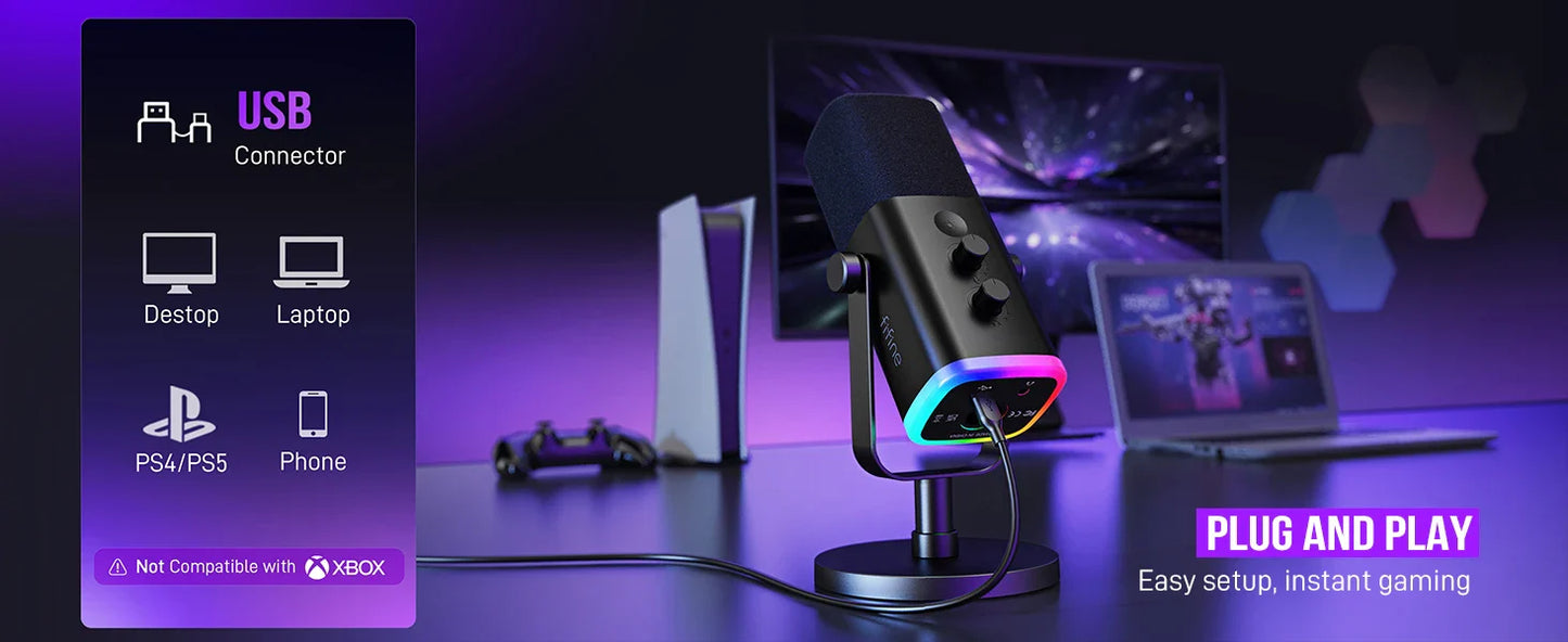 FIFINE AmpliGame AM8 USB/XLR Dynamic Microphone – RGB Control, Headphone Jack, Mute Button for PC Gaming, Recording, and Streaming