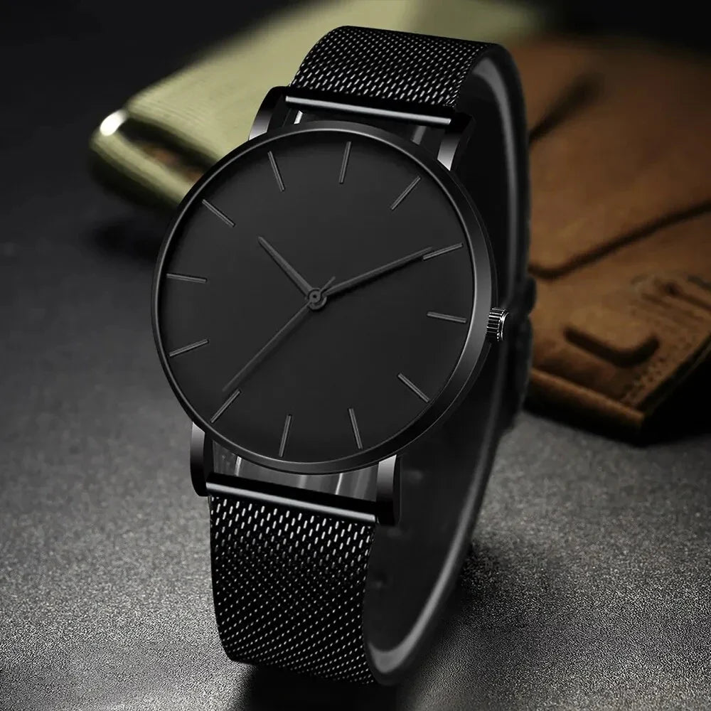 Men’s Ultra-Thin Black Stainless Steel Quartz Watch – Minimalist Business Fashion Wristwatch