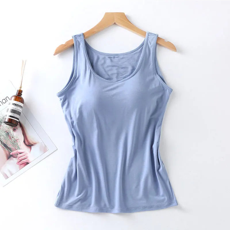Women’s Built-In Bra Tank Top - Solid Color Padded Slim Fit Vest Shirt for Casual, Sexy & Everyday Wear
