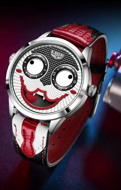 LIGE 2025 Men’s Creative Clown Quartz Watch – Waterproof Leather Strap Joker Fashion Wristwatch