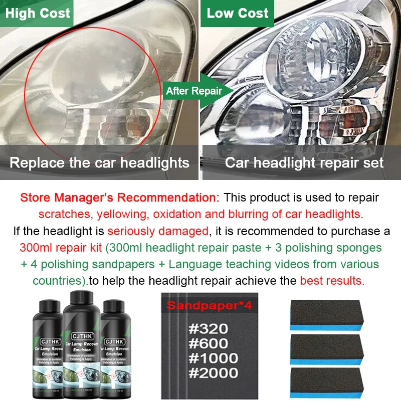 Car Headlight Restoration Kit — Polishing Paste & Liquid for Scratch Removal, Oxidation Cleaning, and Headlamp Repair