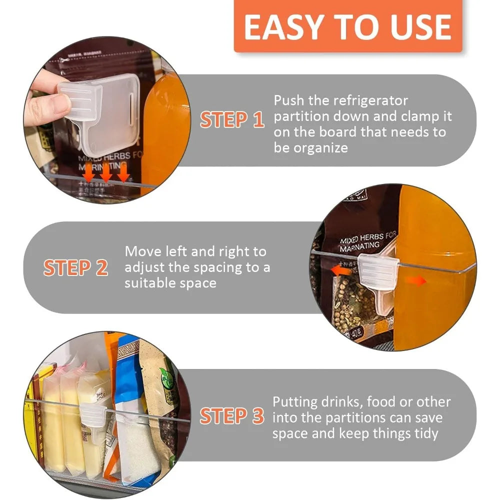 8/12/16 Pc Adjustable Refrigerator Storage Divider – Snap-On Fridge Door Shelf Organizer Bins, Plastic Container Separator