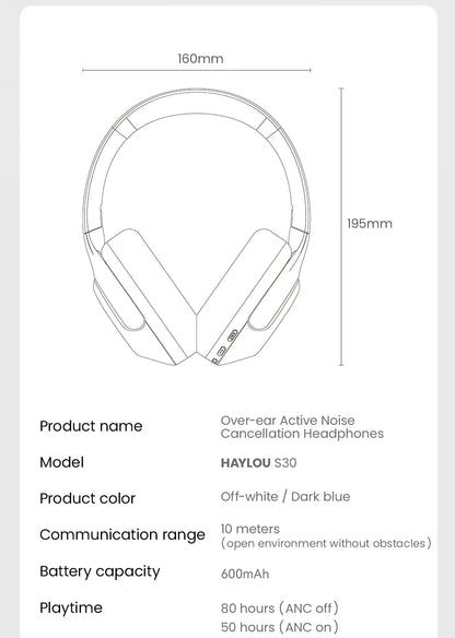 HAYLOU S30 Wireless Bluetooth 5.4 Headphones - 43dB Adaptive Noise Cancelling, 40mm Driver, 80H Playtime Earphones
