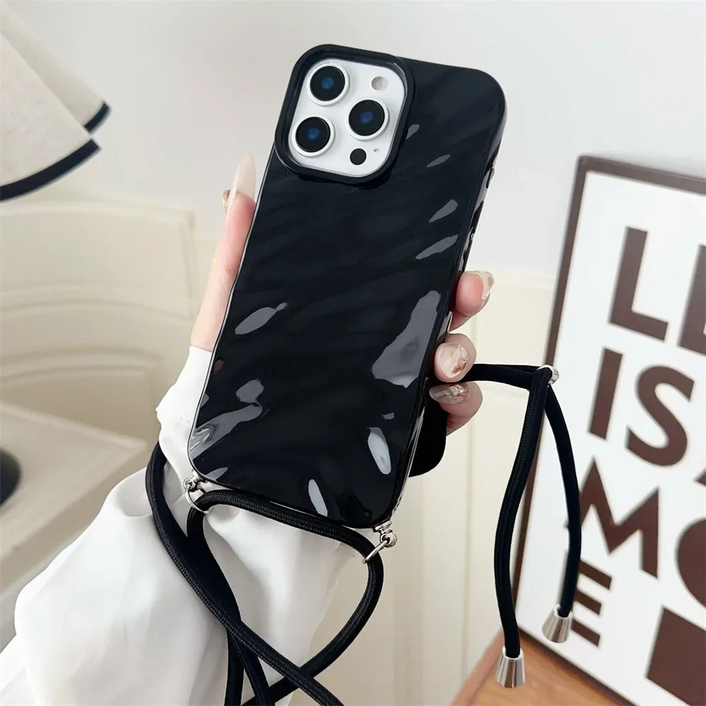 Glossy Wave Ripple Crossbody Lanyard Phone Case for iPhone 17/16/15 Pro Max Air 14 13 12 11 XR X 8 7 - Soft Silicone Protective Cover with Strap