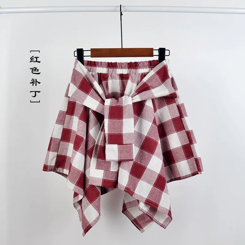 Summer Casual Retro Women’s Mini A-Line Skirt – Blue White Lattice Bow-Knot Elastic Waist Short Skirt