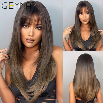 GEMMA Ombre Brown Blonde Synthetic Wig with Bangs – Long Straight Cosplay Wig for Women, High-Temperature Fiber