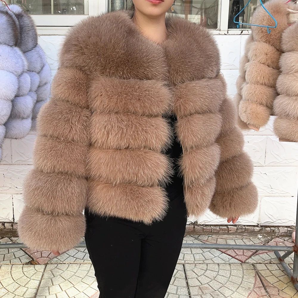QUEENTINA Women’s Real Fox Fur Coat – Brown Leather & Skin Winter Fashion Outerwear 2025