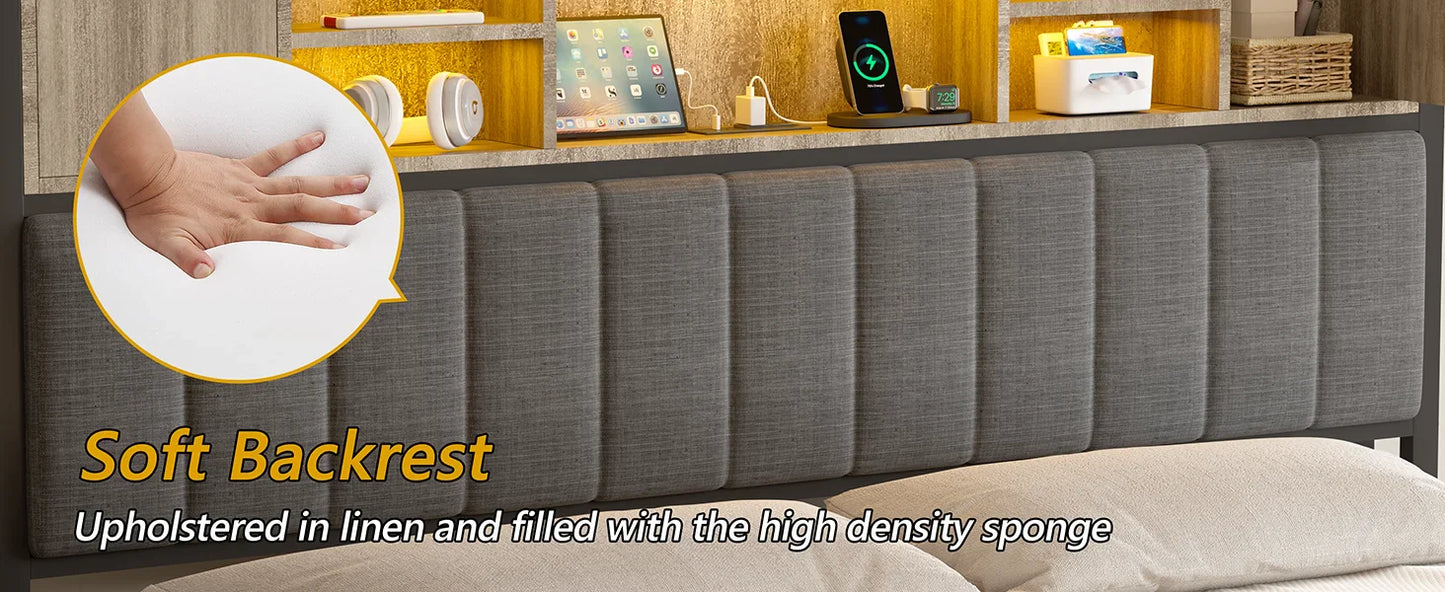 Queen Bed Frame with 4 Storage Drawers – Upholstered LED Bed with Bookcase Headboard, Type-C & USB Charging Station