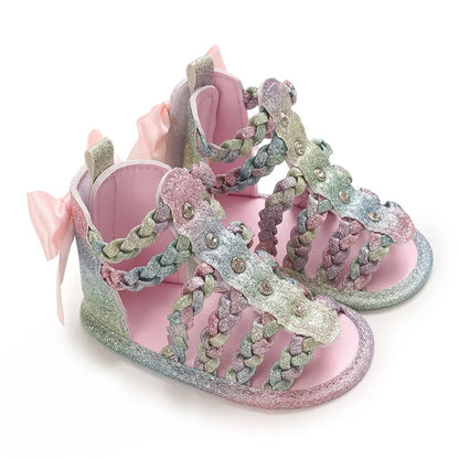 Baby Girl Bowknot Sandals - PU Leather Braided Non-Slip Summer Flats for Toddlers