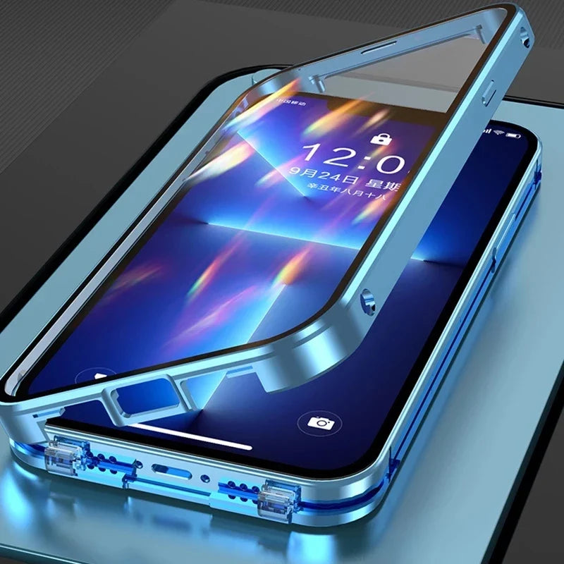 360° Full Protection Magnetic Metal Phone Case - Double Sided Glass Snap Lock Bumper Cover for iPhone 16 Pro Max 15 14 13 12 11 Pro Max