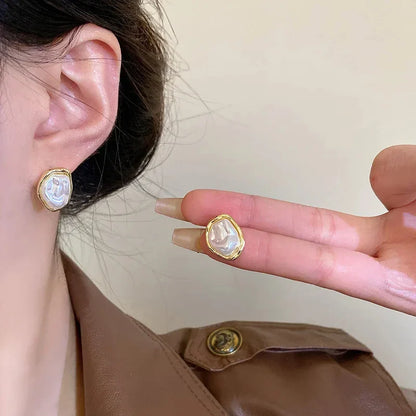 Geometric Irregular Round Pearl Earrings – Minimalist Trendy Jewelry for Women 2024 Gift