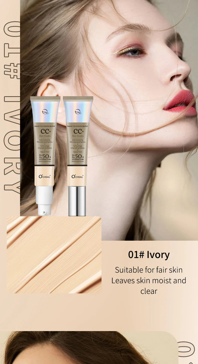 Ocheal 30g CC Cream Foundation – Waterproof Concealer, Moisturizing Sunscreen, SPF 50+, Long-Lasting Brightening Makeup Primer