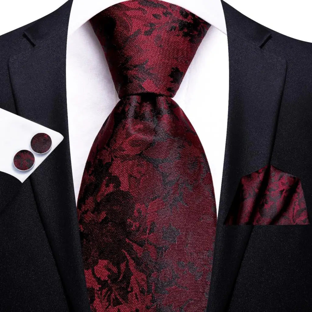 Hi-Tie Red Burgundy Plaid Silk Tie Set — Designer Men’s Necktie with Handkerchief & Cufflinks for Wedding or Business