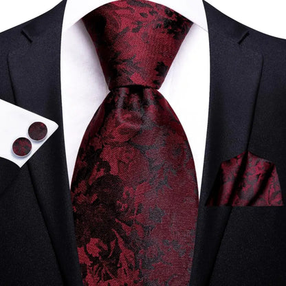 Hi-Tie Red Burgundy Plaid Silk Tie Set — Designer Men’s Necktie with Handkerchief & Cufflinks for Wedding or Business
