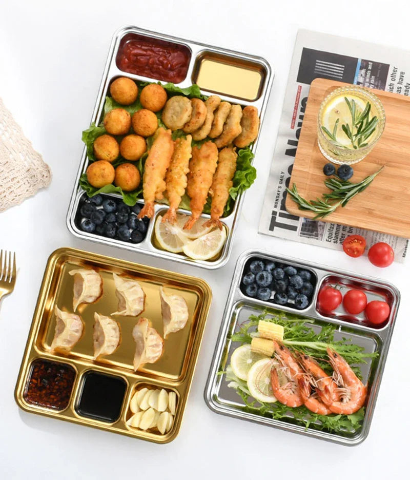 Gold Stainless Steel Divided Dining Plate – Compartment Food Serving Tray Kitchen Tableware