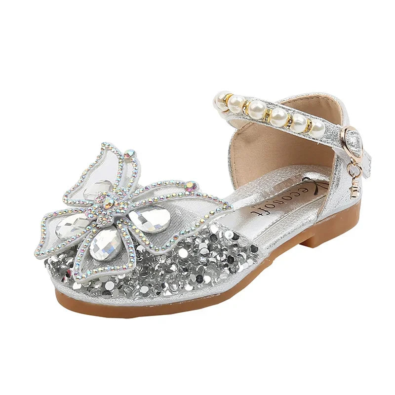 Girls Sequin Pearl Bow Princess Shoes - Elegant Party and Wedding Dance Shoes for Kids