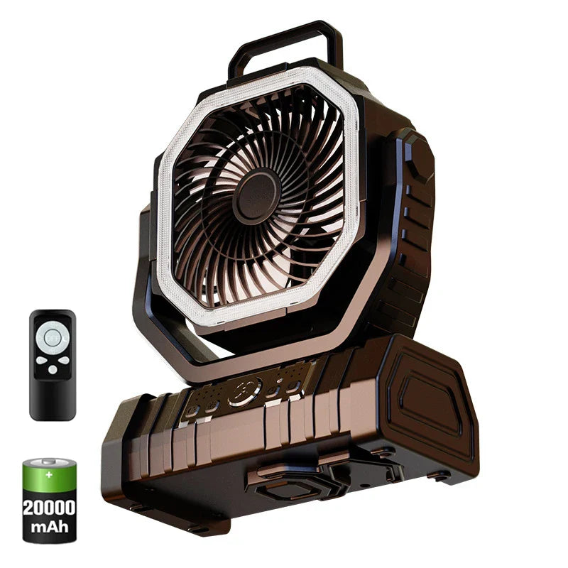 20000mAh Portable Rechargeable Fan — Battery-Operated Desk & Camping Fan with LED Light & Hook for Tent, Car, and Outdoor Trips