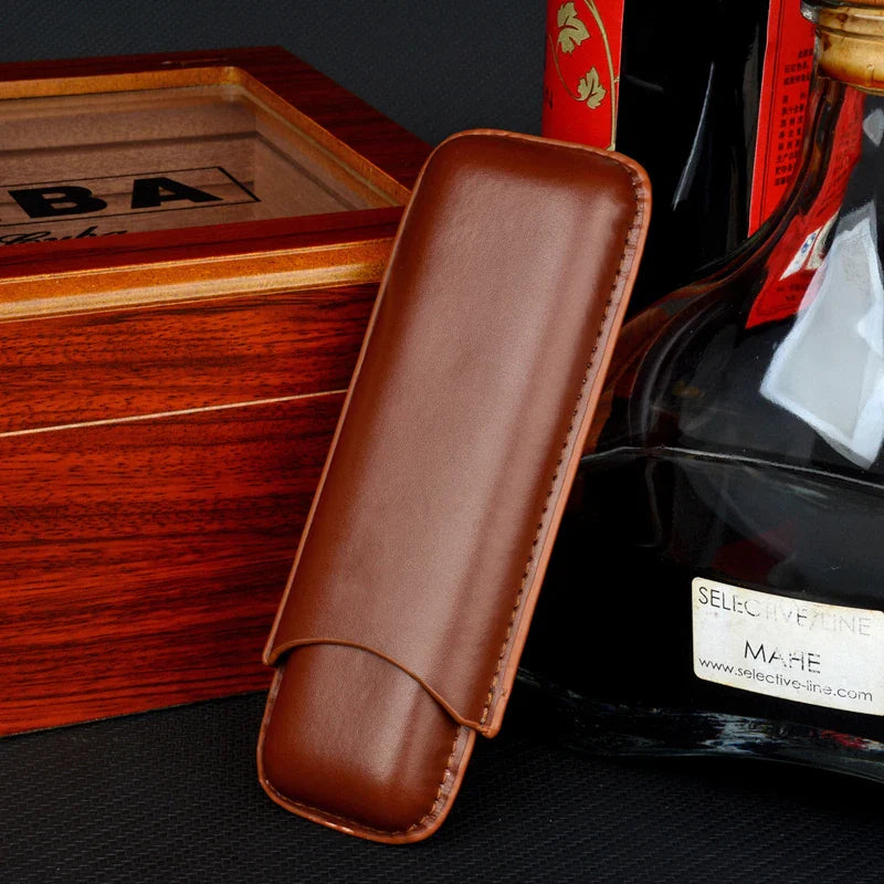Premium Man-Made Leather Cigar Case - 2 Tube Holder, Mini Travel Humidor Box, Portable Accessory for Cohiba Cigars