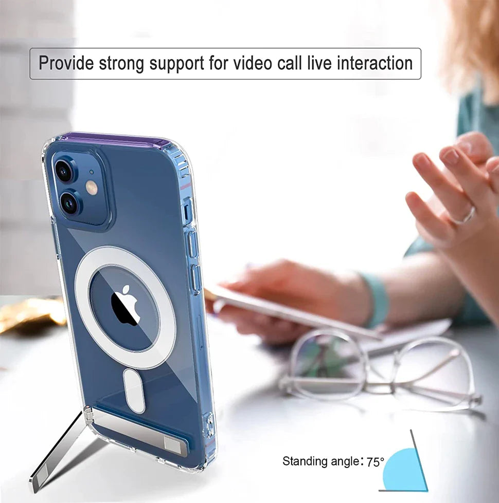 Clear Magnetic Phone Case with Kickstand for iPhone 16, 15, 14, 13, 12, 11 Mini – MagSafe Compatible, Wireless Charging Back Cover