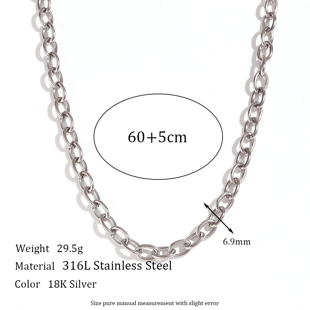 18K Gold Plated Stainless Steel Oval Link Chain Jewelry Set – 7mm Chunky Silver Color Choker Necklace, Bracelet & Anklet Accessories