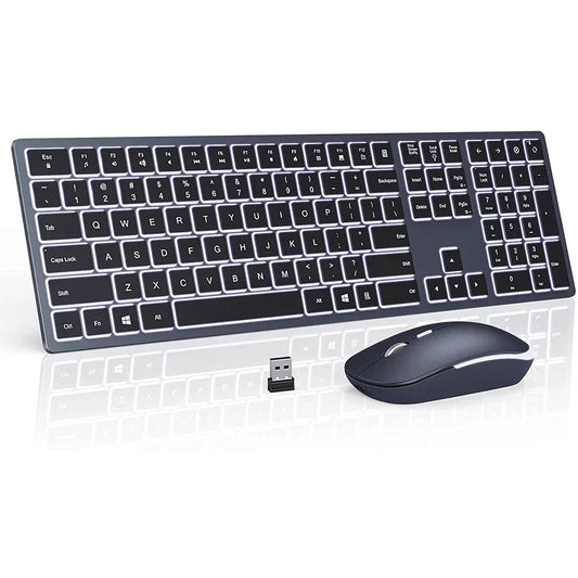 Backlit Wireless Keyboard and Mouse Combo – 2.4G USB Rechargeable Silent Full-Size Slim Set