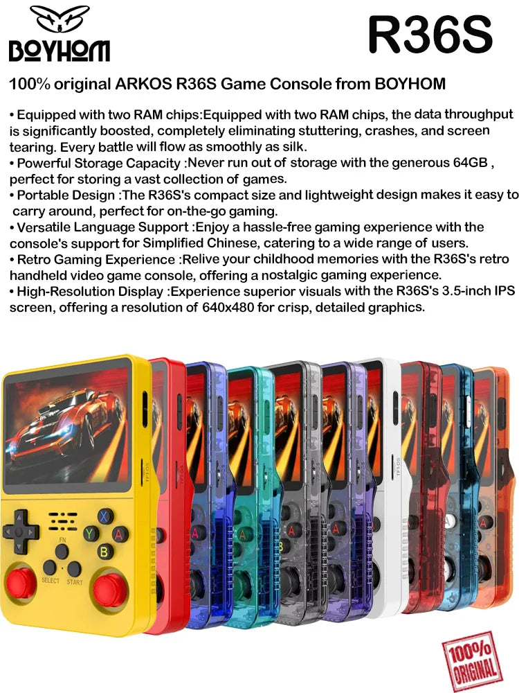 BOYHOM R36S Retro Handheld Game Console – 3.5" IPS, Linux ARKOS, Dual-RAM, 15,000+ Games, 64GB/128GB Portable Pocket Player