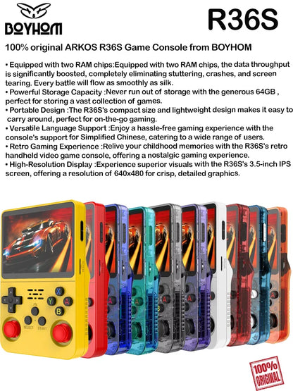 BOYHOM R36S Retro Handheld Game Console – 3.5" IPS, Linux ARKOS, Dual-RAM, 15,000+ Games, 64GB/128GB Portable Pocket Player