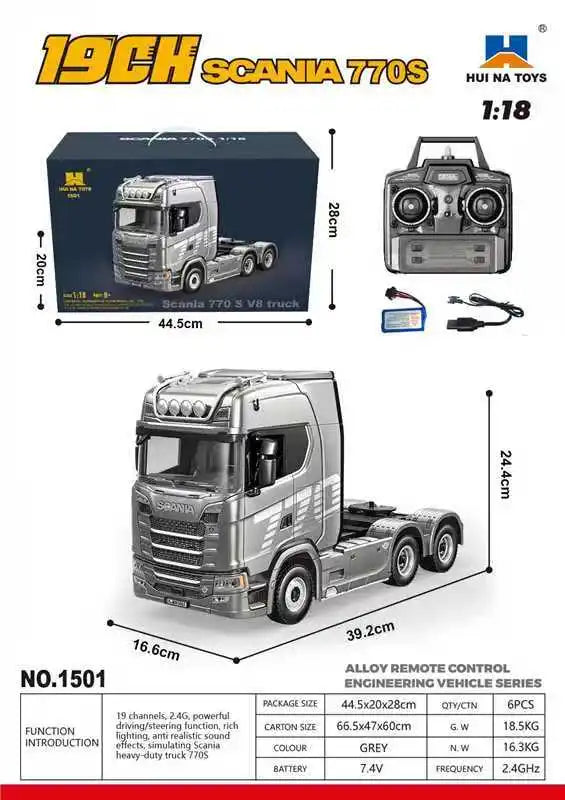 Huina 770S Remote Control Engineering Car — Genuine Alloy Trailer Head Model, 4WD Toy for Kids, Ratio 501D