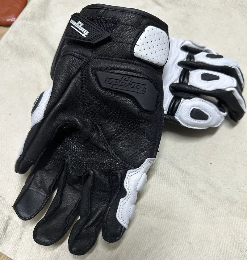 Motorcycle Gloves – Black Racing Genuine Leather, White Road Riding Team Gloves for Men, Summer & Winter with Touch Screen Compatibility