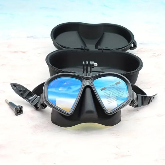 Freediving Mask with Camera Mount - Two-Window Tempered Glass Waterproof Anti-Fog Snorkeling Mask