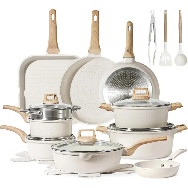CAROTE 21 Piece White Granite Nonstick Cookware Set - Induction-Ready Pots, Pans, and Frying Pans