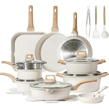 CAROTE 21 Piece White Granite Nonstick Cookware Set - Induction-Ready Pots, Pans, and Frying Pans