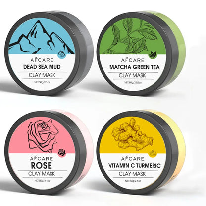 4pcs Clay Facial Mask Set — Turmeric, Vitamin C, Green Tea & Rose Clay for Deep Cleansing, Moisturizing & Pore Refining (320g)