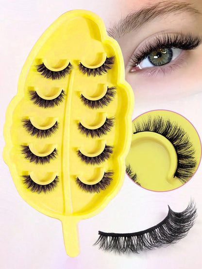 5 Pairs Cat Eye Faux Mink Eyelashes – Winged Long Natural Manga Style False Lashes Makeup Set
