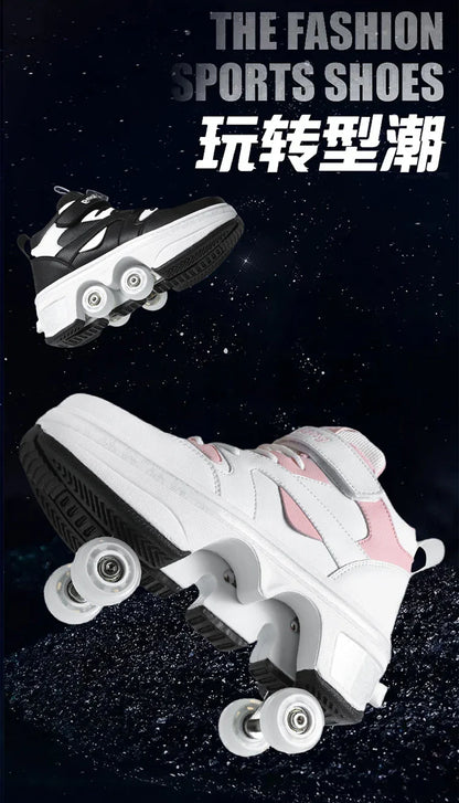 Women's High-Top 4-Wheel Roller Shoes – Fashionable Unisex Pop-Up Sneakers with Wheels, Dual-Purpose Skating & Casual Shoes