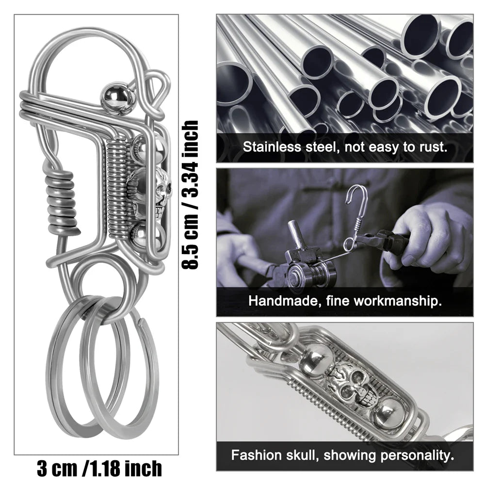 Stainless Steel Skull Keychain — Handmade Matte Round Bead Charm, Mechanical Car Key Ring for Men